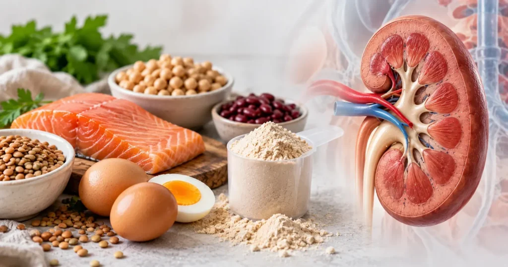 Illustrazione generata con IA: alimenti proteici (salmone, uova, legumi, proteine in polvere) e sezione di un rene