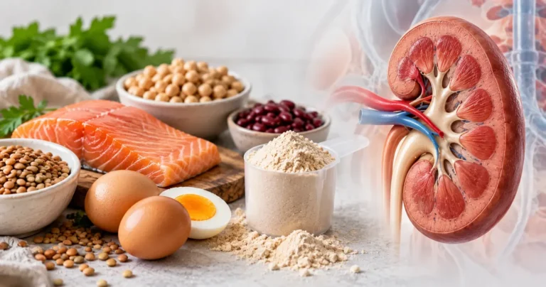 Illustrazione generata con IA: alimenti proteici (salmone, uova, legumi, proteine in polvere) e sezione di un rene